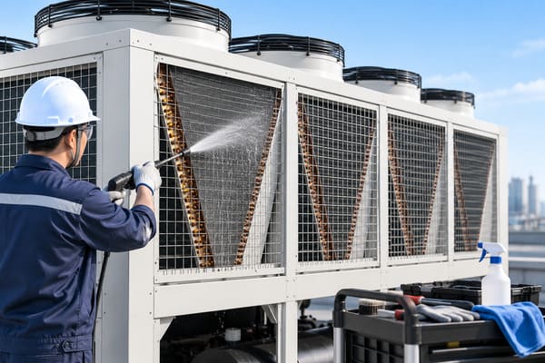 Air-cooled chiller condenser maintenance air-cooled chiller condenser coils in a dusty industrial environment